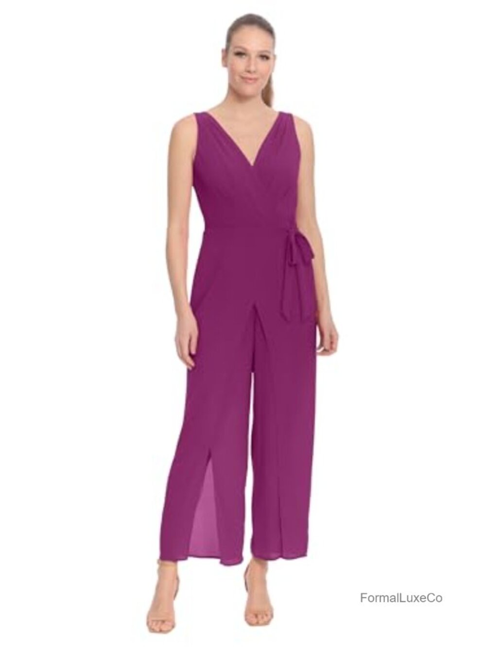 Sleeveless Wrap Look Jumpsuit with Front Slit, Bubble Crepe